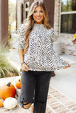 White Leopard Smocked Casual Bubble Sleeve Blouse