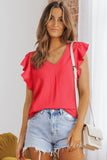White Solid V Neck Ruffle Sleeve Loose Top