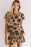 Leopard Print Crew Neck T Shirt & Shorts Loungewear Set