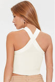 White Basic Ribbed Knit Cropped Halter Top