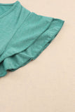 Green Solid Ruffle Short Sleeves V Neck Drawstring Top
