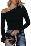 Black Asymmetrical Neckline Long Sleeve Tight Knit Top