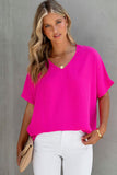 Pink Solid V Neck Textured Short Sleeve Plain Blouse