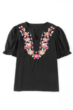 Black Floral Embroidered Boho Ruffle Puff Sleeve Blouse