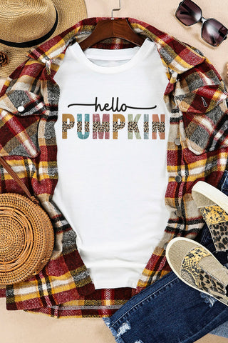 White Hello Pumpkin Halloween Crewneck Graphic T Shirt