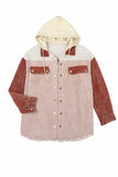 Pink Colorblock Raw Hem Patchwork Hooded Corduroy Jacket
