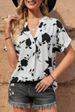 White Floral Print Roll Up Sleeve Short Sleeve Blouse