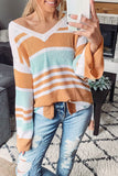 Multicolor Colorblock Stripe V Neck Split Sweater