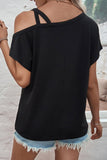 Black Asymmetric Criss Cross Cold Shoulder T Shirt