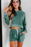 Green Fleece Cropped Pullover & Shorts Two Piece Shorts Set