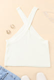 White Basic Ribbed Knit Cropped Halter Top