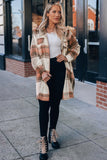 Brown Plaid Casual Button Up Flannel Long Jacket with Flap Pockets