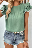 Green Solid Wrinkle Detail Ruffle Sleeve Blouse