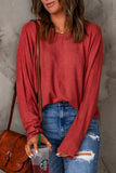 Red Basic Solid Color Seam Patchwork Long Sleeve Top