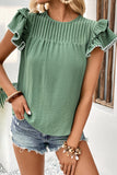 Green Solid Wrinkle Detail Ruffle Sleeve Blouse