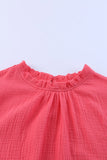 Rosy Crinkled Ruffle Casual Short Sleeve Blouse