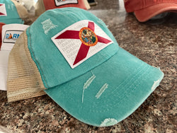 Aqua Distressed Florida Flag Ponytail Hat