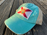 Aqua Distressed Florida Flag Ponytail Hat